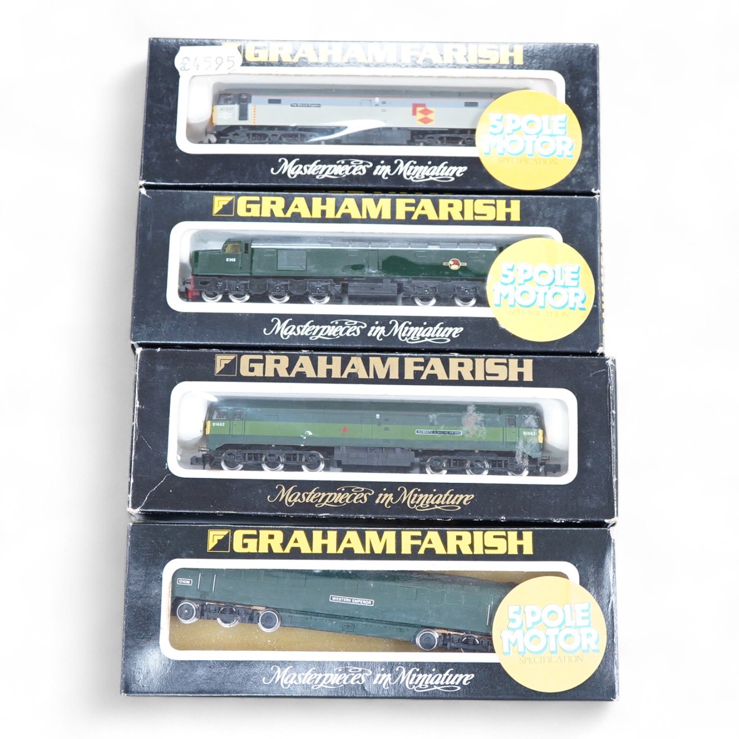 Four boxed Graham Farish N gauge railway diesel locomotives; a BR class 52, Western Emperor D1036 (8424), a BR class 47, D1662 (8004), a BR Rail Freight 47231, (8008) and a BR class 40, D348 (8115).